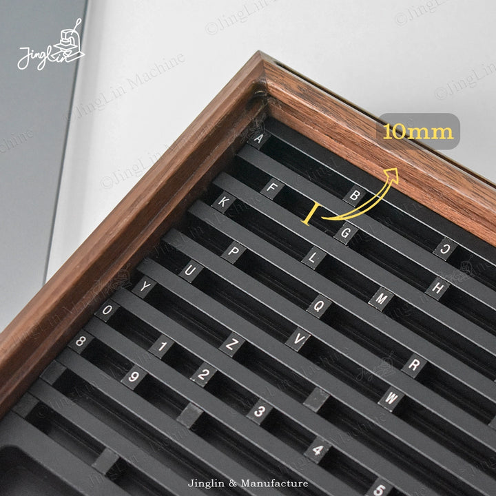 Close-Up of the Wooden Stamp Organizer's Compartments, Sized to Perfectly Fit and Display Letter Stamps up to 10mm in Outline Dimensions.