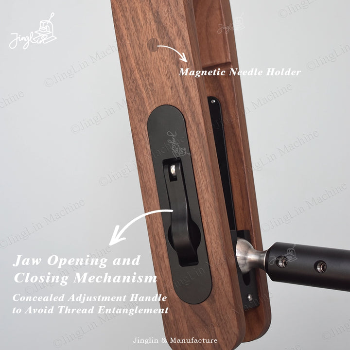 Detail of the Quick-Release Lever and Jaw System for Fast Material Insertion and Removal.
