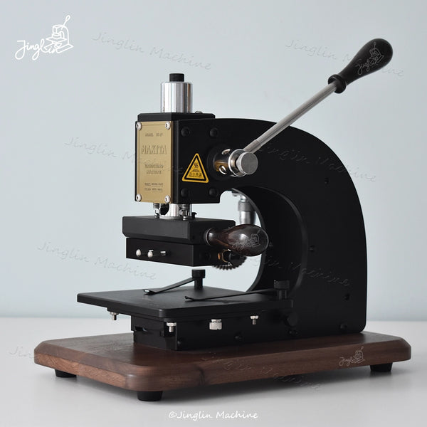 Overall Front View of Maxita EC-17 Hot Stamping Machine with Letters Holder, Showing Metal Body and Walnut Base