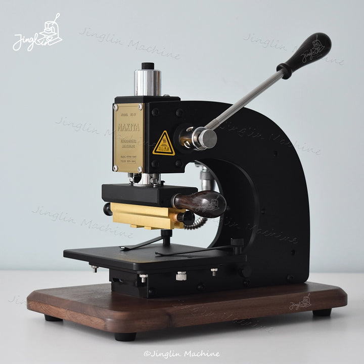 Overall Front View of Maxita EC-17 Hot Stamping Machine with Logo Holder, Showing Metal Body and Walnut Base