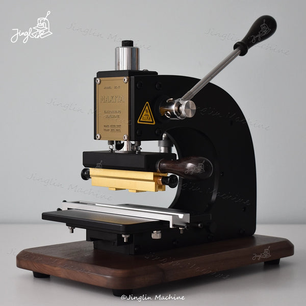 Front View of the Maxita Ec-17 Hot Foil Stamping Machine with a Metal Body, Walnut Wood Base, And Integrated Pencil Holder.