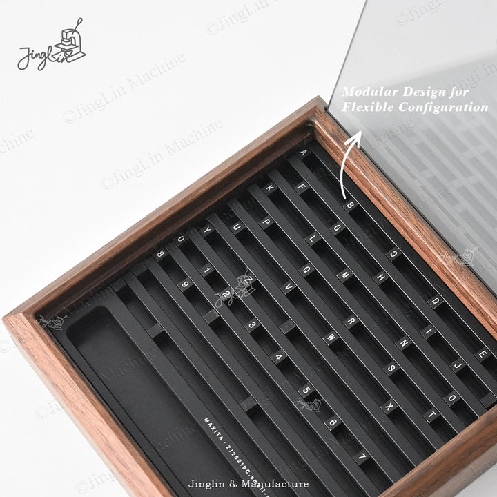 Modular Letter Organizer Box Made from North American Walnut, Showing Internal Compartments That Can Be Reconfigured for Flexible Storage.