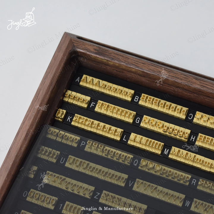 Close-Up of the Maxita Walnut Letter Box Interior Shows Neatly Organized Letter Stamps.