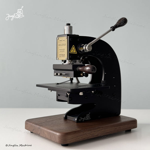 Overall Front View of Maxita EC-27 Hot Stamping Machine with Letters Holder, Showing Metal Body and Walnut Base
