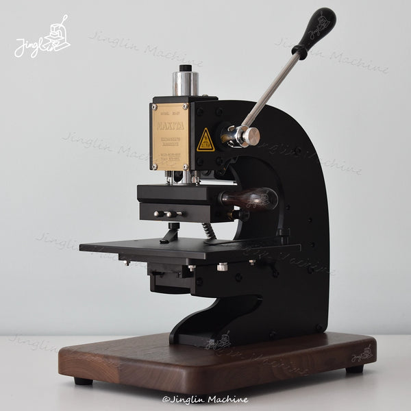 Overall Front View of Maxita EC-27 Hot Stamping Machine with Letters Holder, Showing Metal Body and Walnut Base