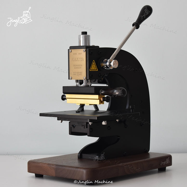 Overall Front View of Maxita EC-27 Hot Stamping Machine with Logo Holder, Showing Metal Body and Walnut Base